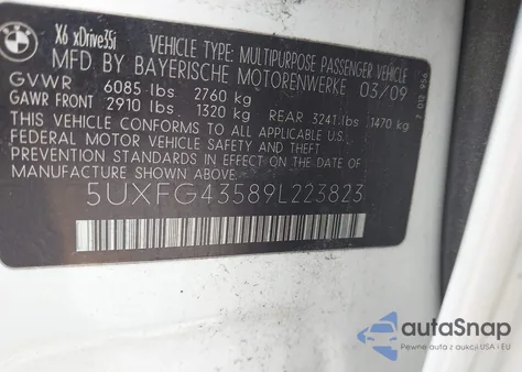 2009 BMW X6 xDrive35I z USA, uszkodzony, nr VIN 5UXFG43589L223823